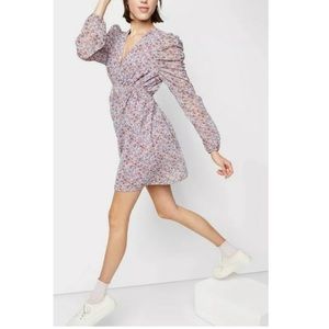 Wild Fable Lavender Floral Mini Dress Deep V Rusched Sleeves
